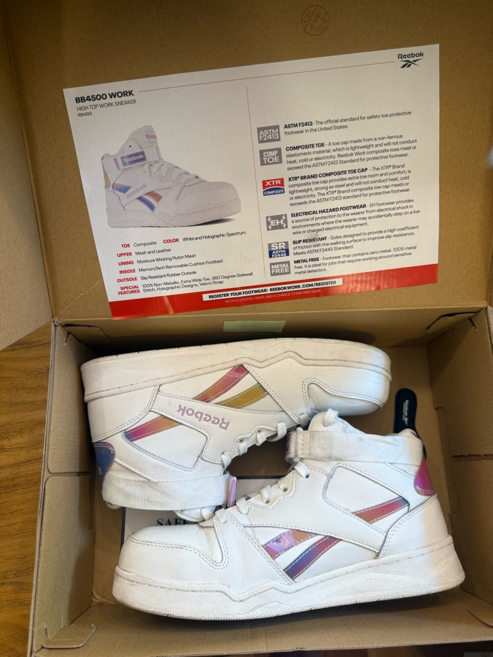 Reebok Work White Holographic High Top Leather Sneakers Safety Toe Size 9W - Picture 14 of 15